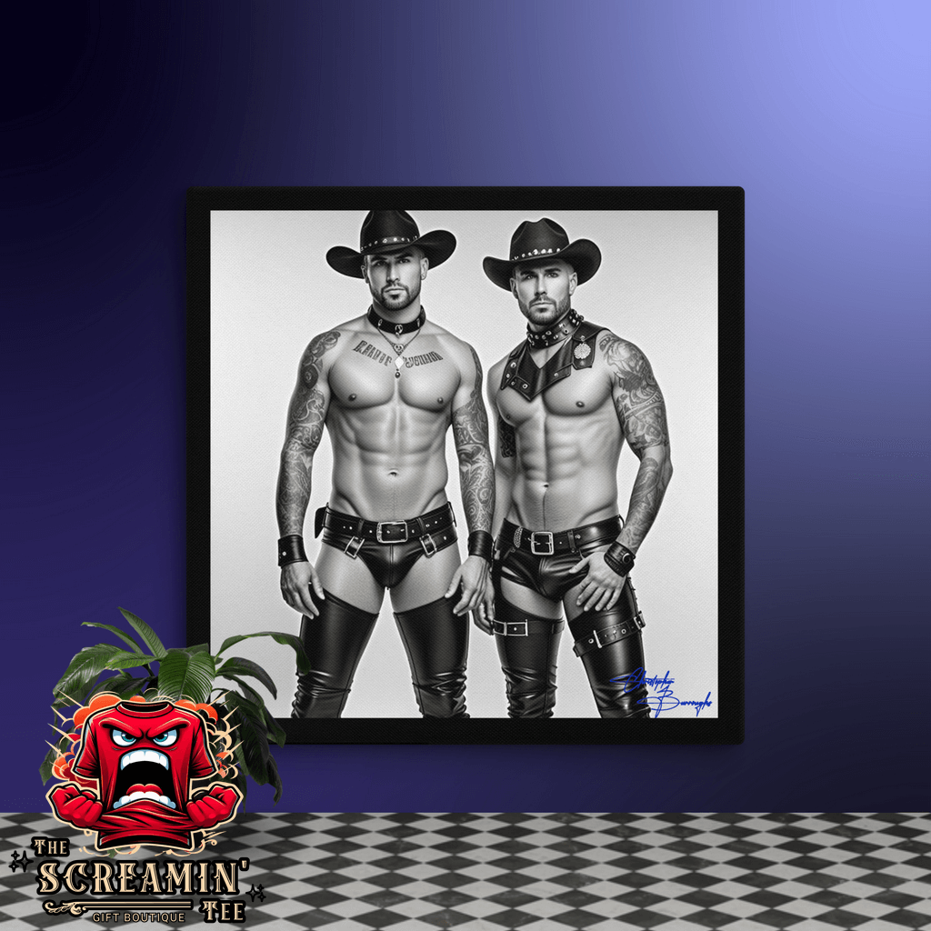Brokeback Cowboys Canvas Art (Achromatic) featuring two leathermen in striking leather outfits.