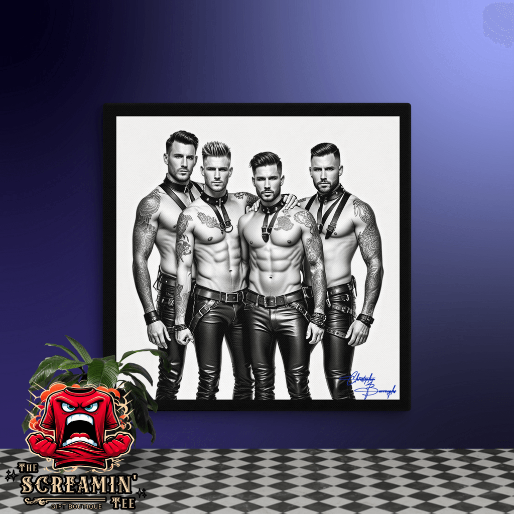 Leathermen Canvas Art (Achromatic) featuring four stylish men in leather outfits by The SCREAMIIN' TEE.
