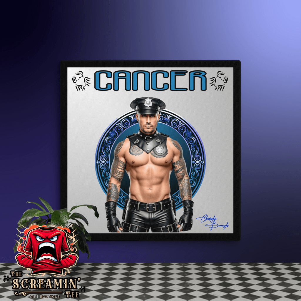 Haus Of Zodiac Canvas Art | Leatherman Ronan (Cancer) depicting a muscular man in leather attire.
