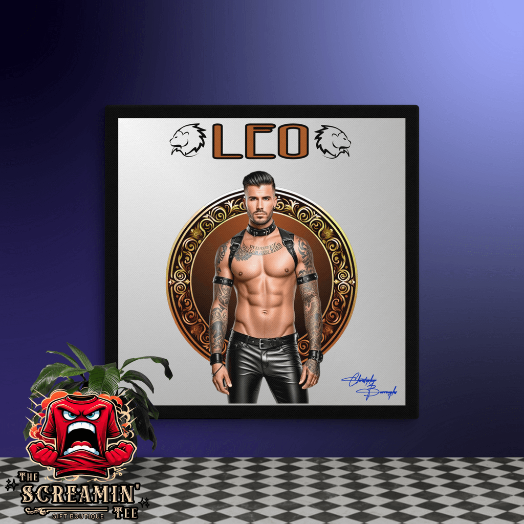 Haus Of Zodiac Canvas Art | Leatherman Rex (Leo) featuring a tattooed man in leather attire.