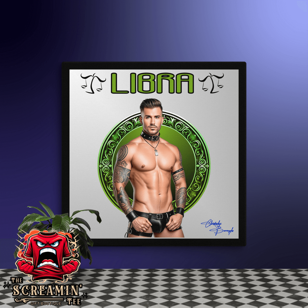 Haus Of Zodiac Canvas Art | Leatherman Pierce (Libra) featuring a muscular figure in leather attire.