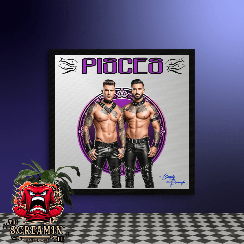 Haus Of Zodiac Canvas Art | Leathermen Indigo & Koi (Pisces) featuring two muscular men in leather attire.