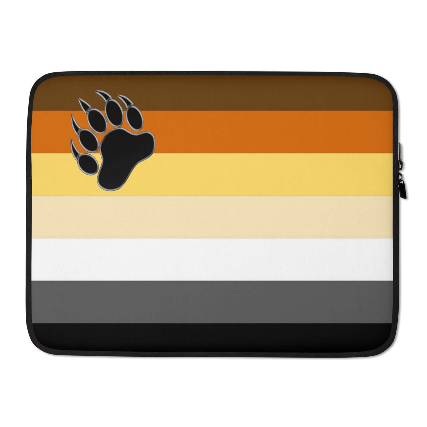 Bear Brotherhood Pride Laptop Sleeve featuring striped design and bear paw print.