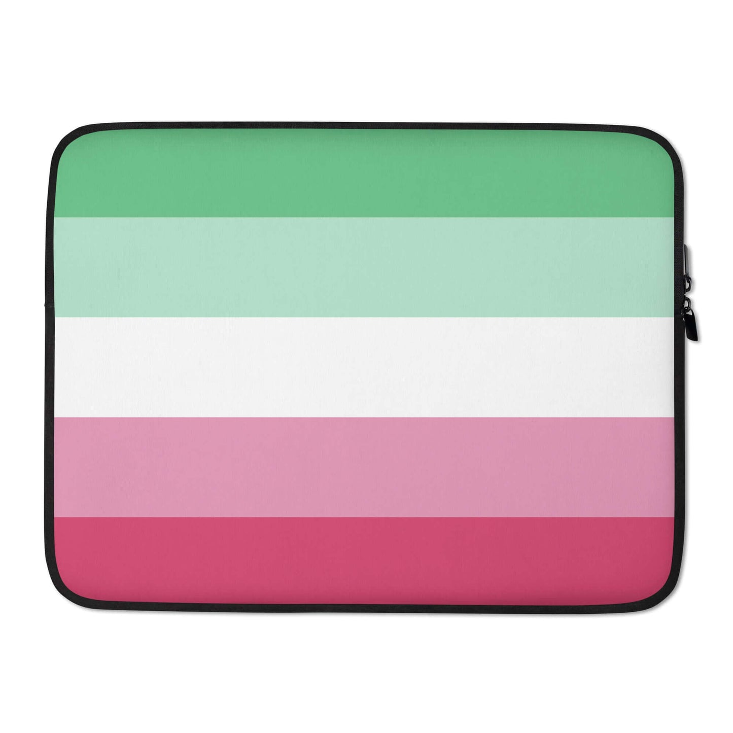 Abrosexual Pride Laptop Sleeve featuring a colorful striped design in green, white, pink, and red.