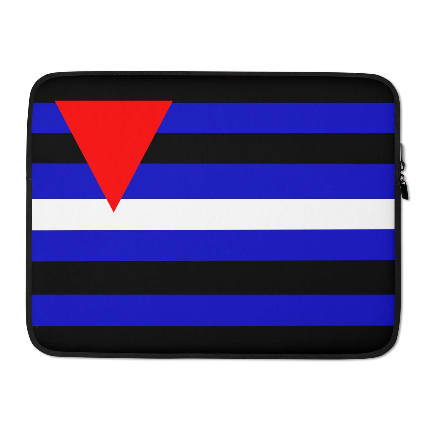 Leather Queer Fetish Laptop Sleeve with colorful flag design, featuring blue, black, and red stripes.