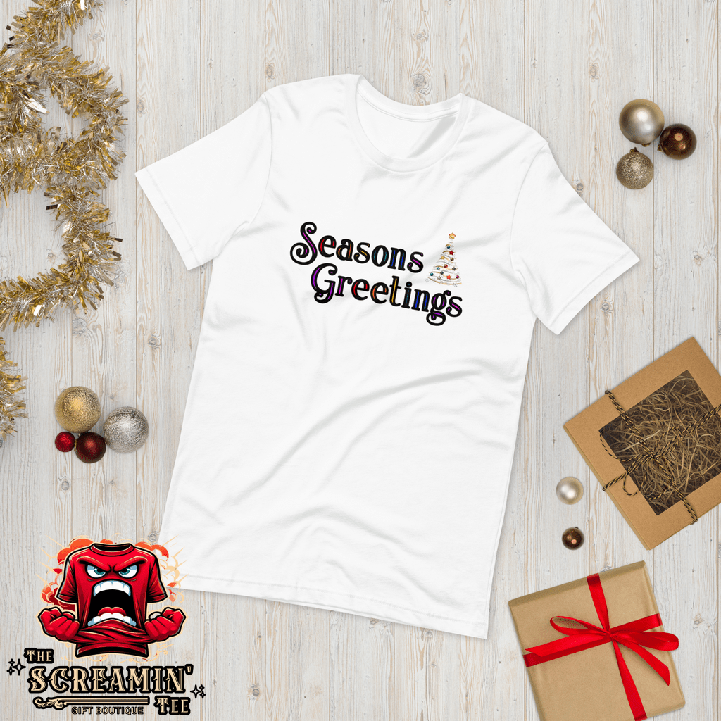SEASONS GREETINGS UNISEX TSHIRT - FESTIVE COLORS - The Screamin' Tee