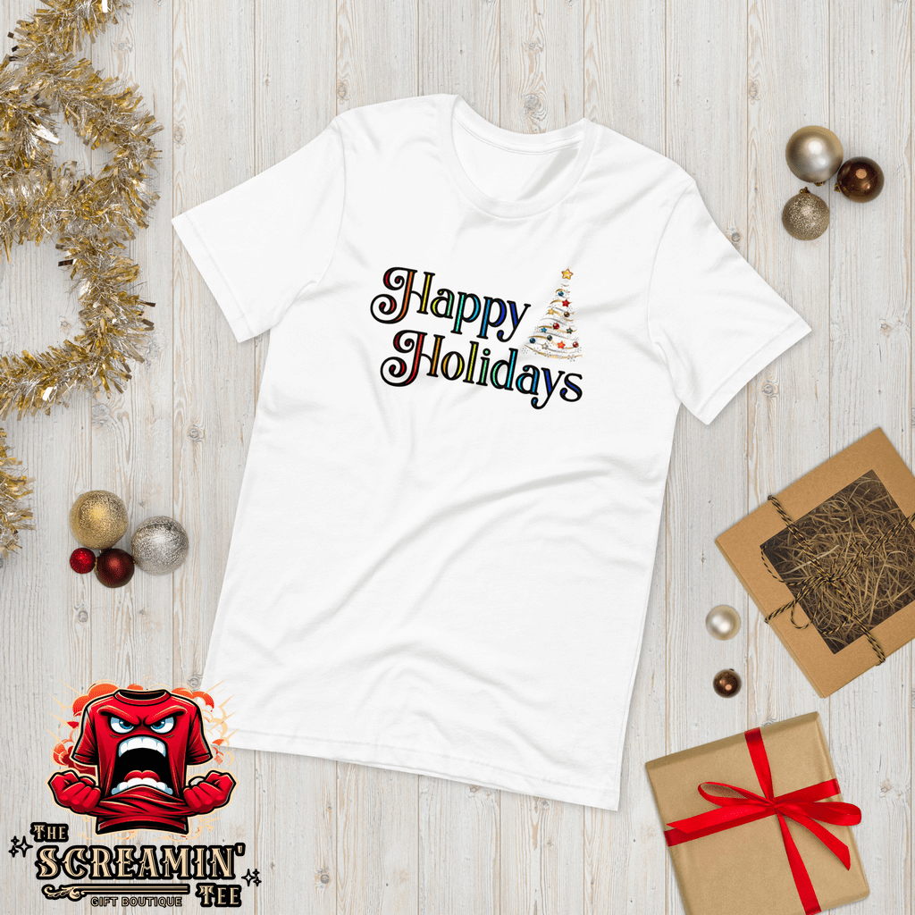 HAPPY HOLIDAYS UNISEX TSHIRT - RAINBOW COLORS - The Screamin' Tee