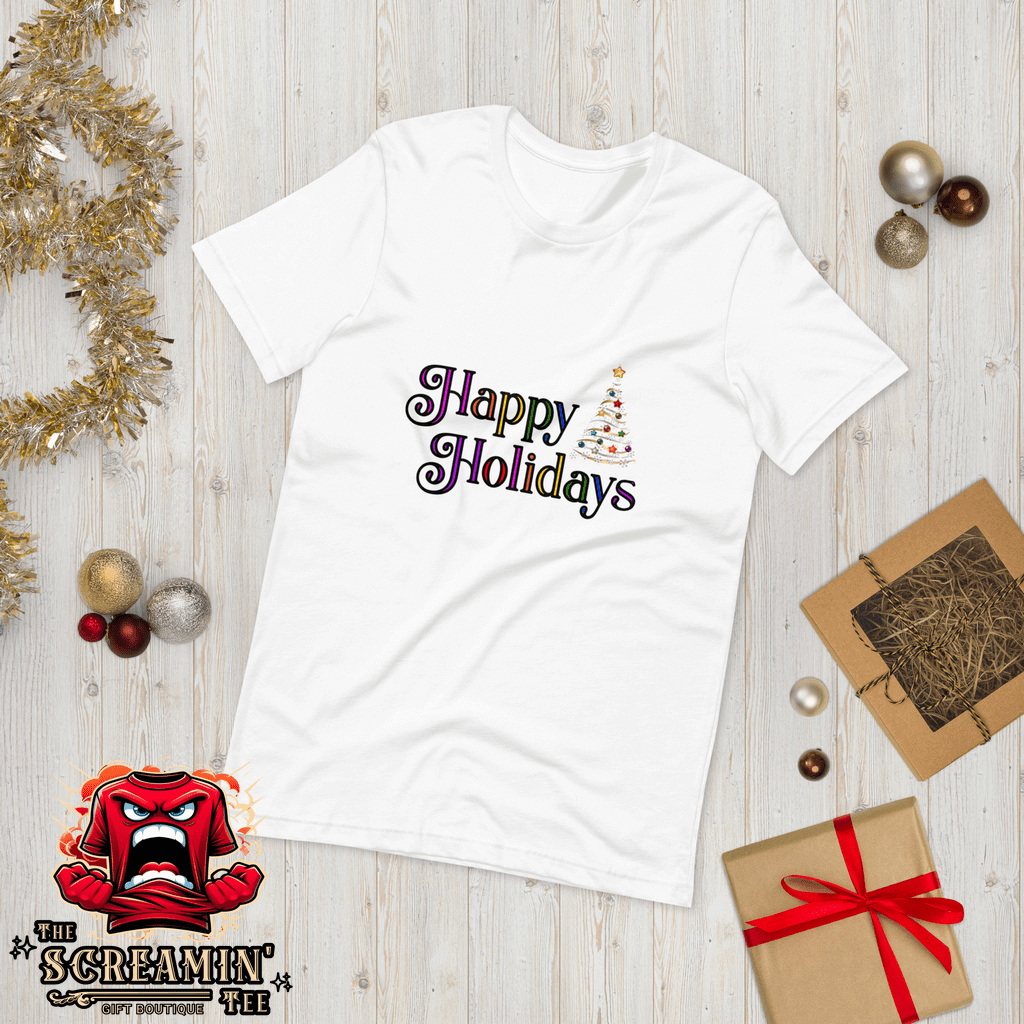 HAPPY HOLIDAYS UNISEX TSHIRT - FESTIVE COLORS - The Screamin' Tee