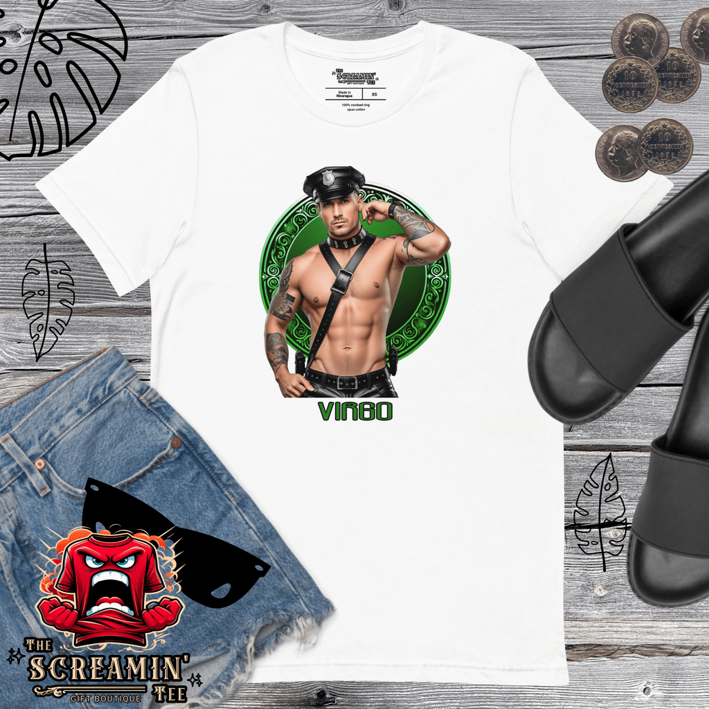 Haus Of Zodiac T-Shirt | Leatherman Griffin (Virgo) design on a white tee with shorts and sandals