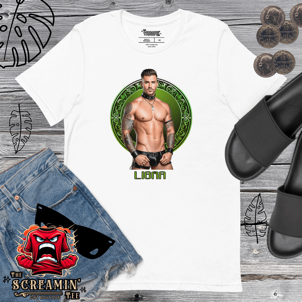 Haus Of Zodiac T-Shirt | Leatherman Pierce (Libra) displayed on a model with casual summer attire.