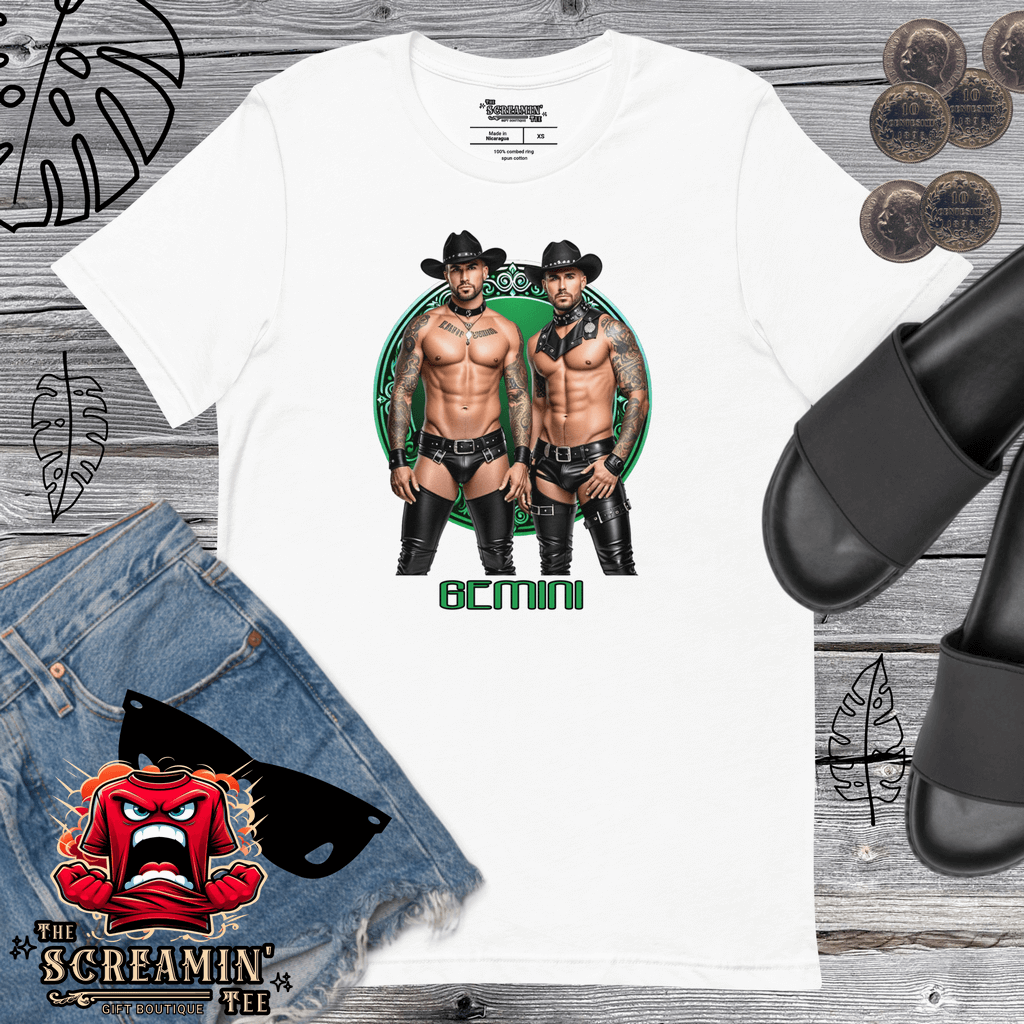 Haus Of Zodiac T-Shirt | Leathermen Fin & Cade (Gemini) featuring two models in cowboy hats