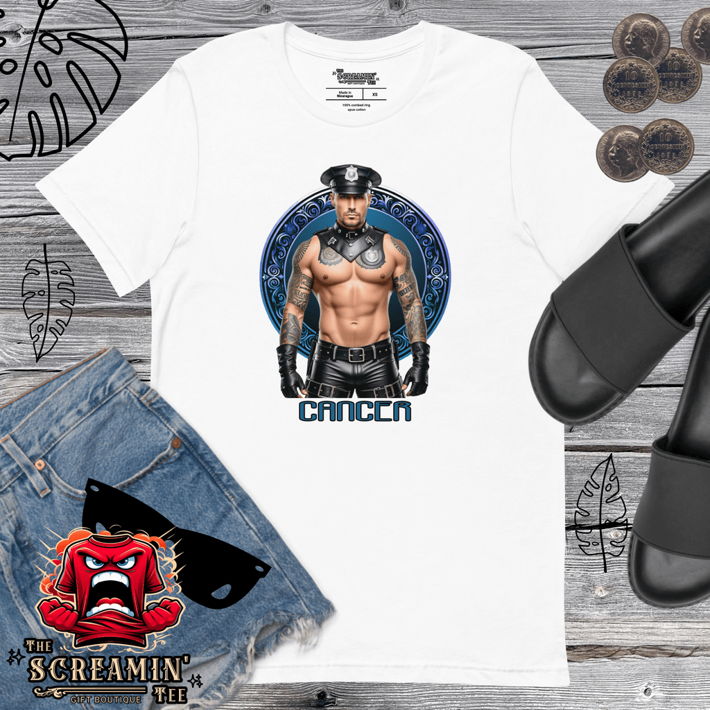 Haus Of Zodiac T-Shirt | Leatherman Ronan (Cancer) featuring bold graphic design on a white cotton tee.