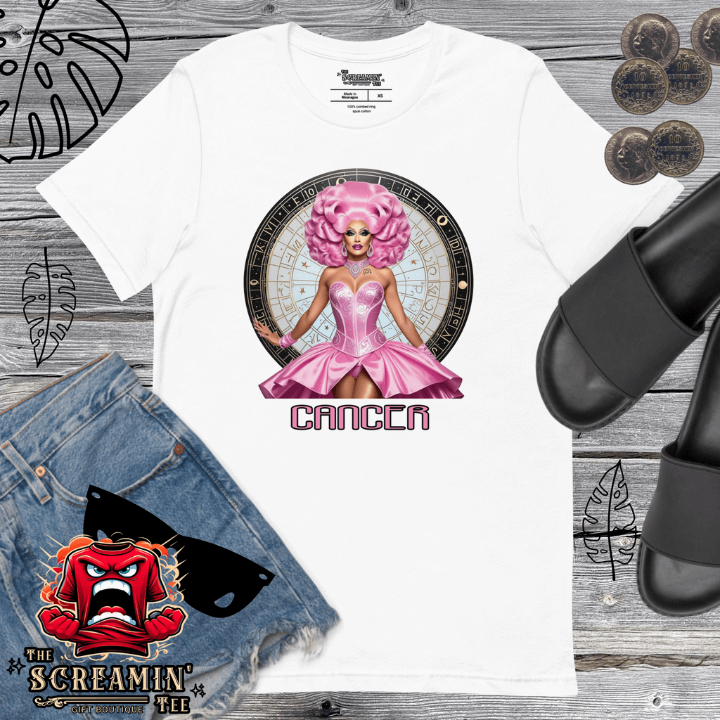 Haus Of Zodiac T-Shirt | Shell We Dance (Cancer) featuring a pink-haired model in a stylish design.
