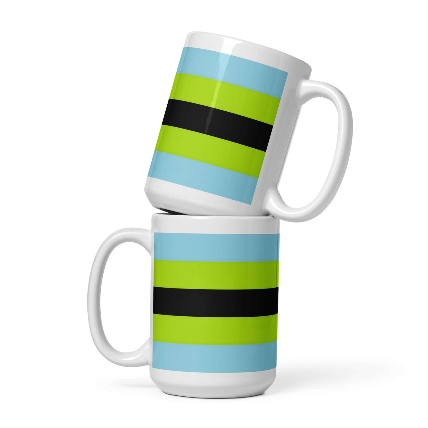 Two Quoigender Pride Mugs stacked, featuring a vibrant striped design in blue, green, and black.