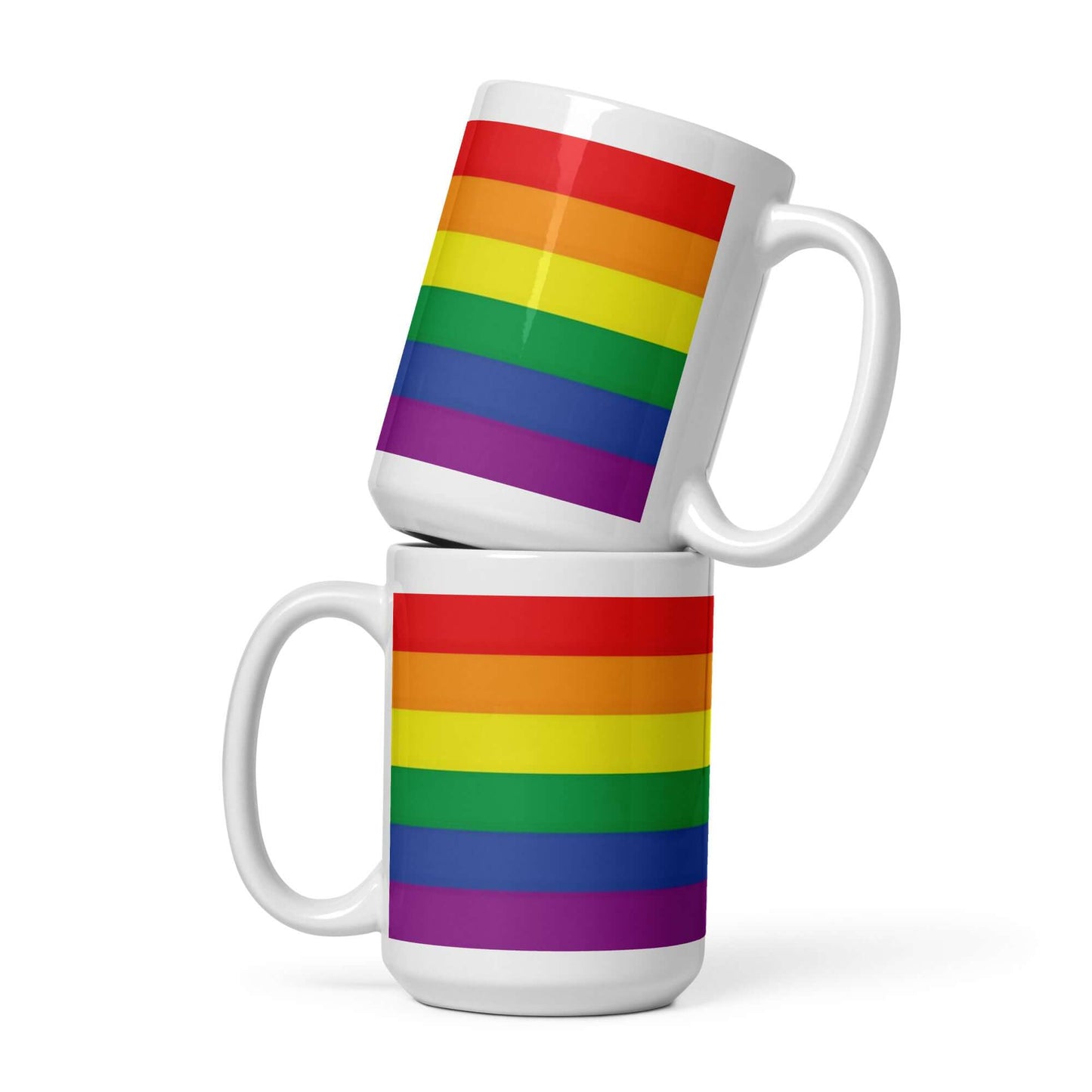 Traditional Pride Mug stacked with vibrant rainbow colors, perfect for coffee or tea. Durable and glossy design.