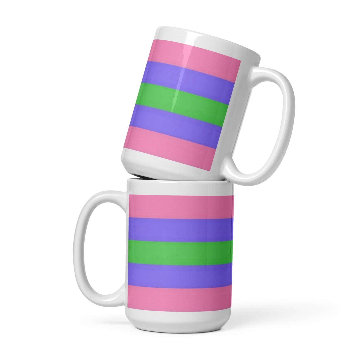Two Trigender Pride Mugs stacked, showcasing vibrant stripes in pink, green, and purple colors.