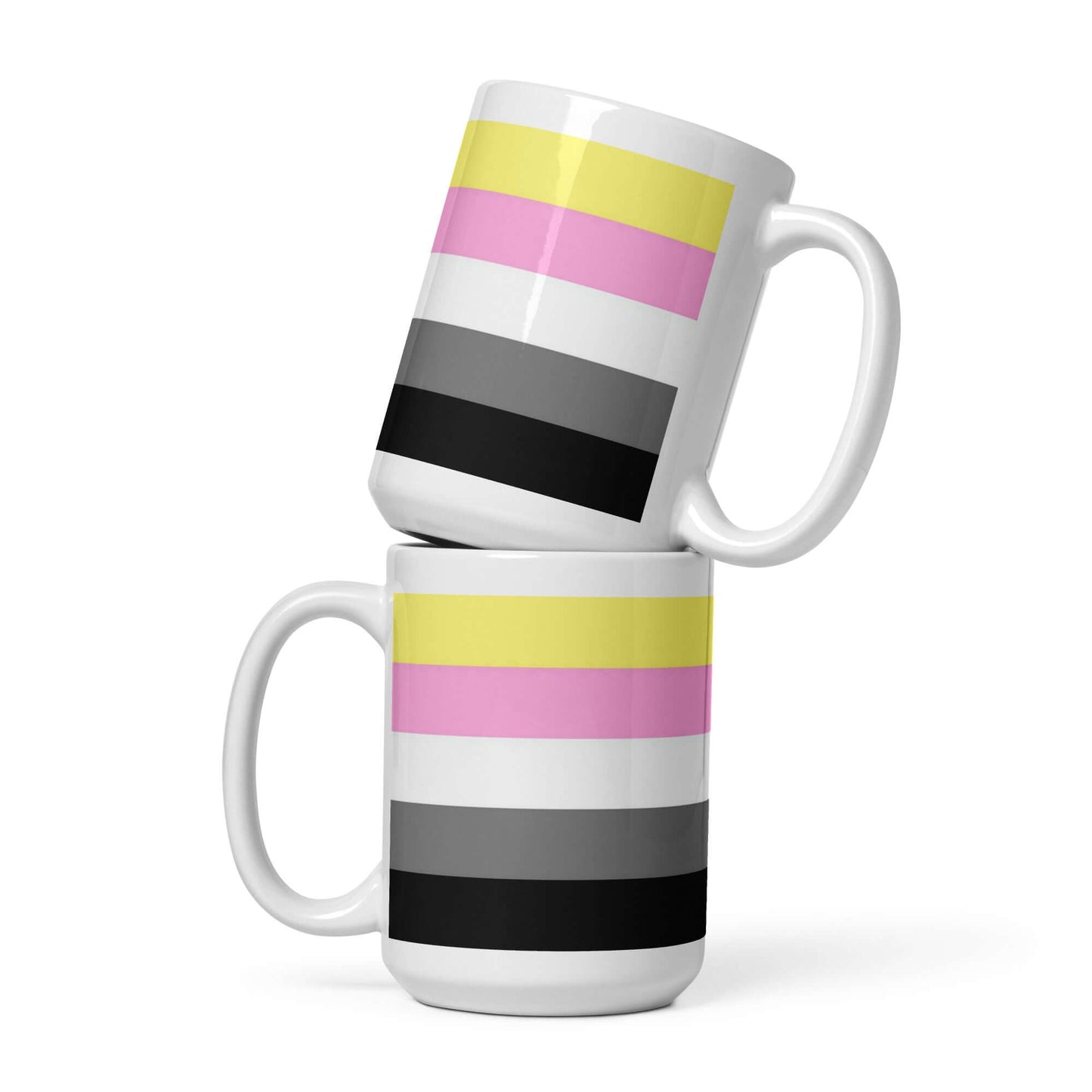 Queerplatonic Pride Mug set with vibrant stripes in pink, yellow, black, and gray for celebrating queerplatonic relationships.