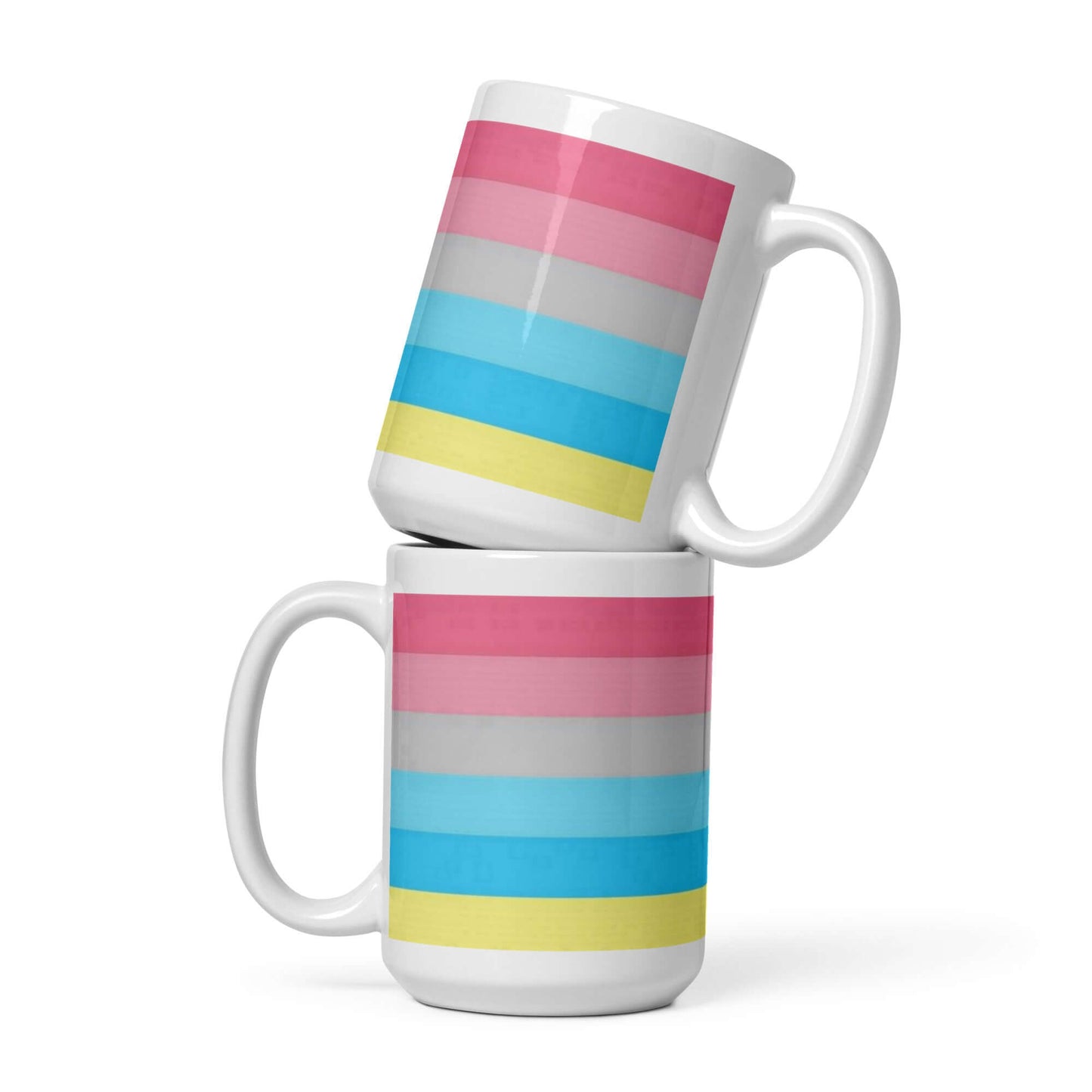 Genderflux Pride Mug featuring colorful stripes in pink, blue, and yellow on a glossy ceramic surface.