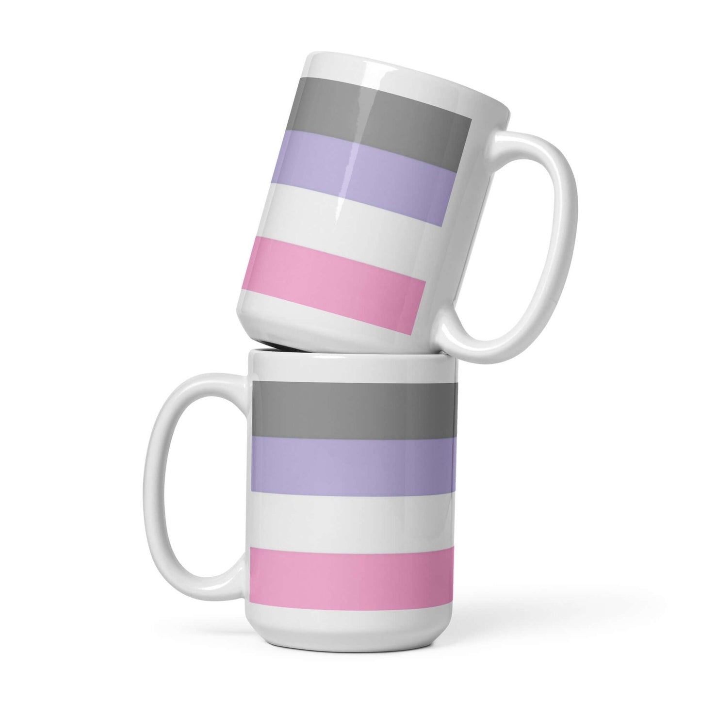 Two Cupiosexual Pride Mugs stacked, showcasing bold stripes in gray, purple, and pink, perfect for coffee or tea.