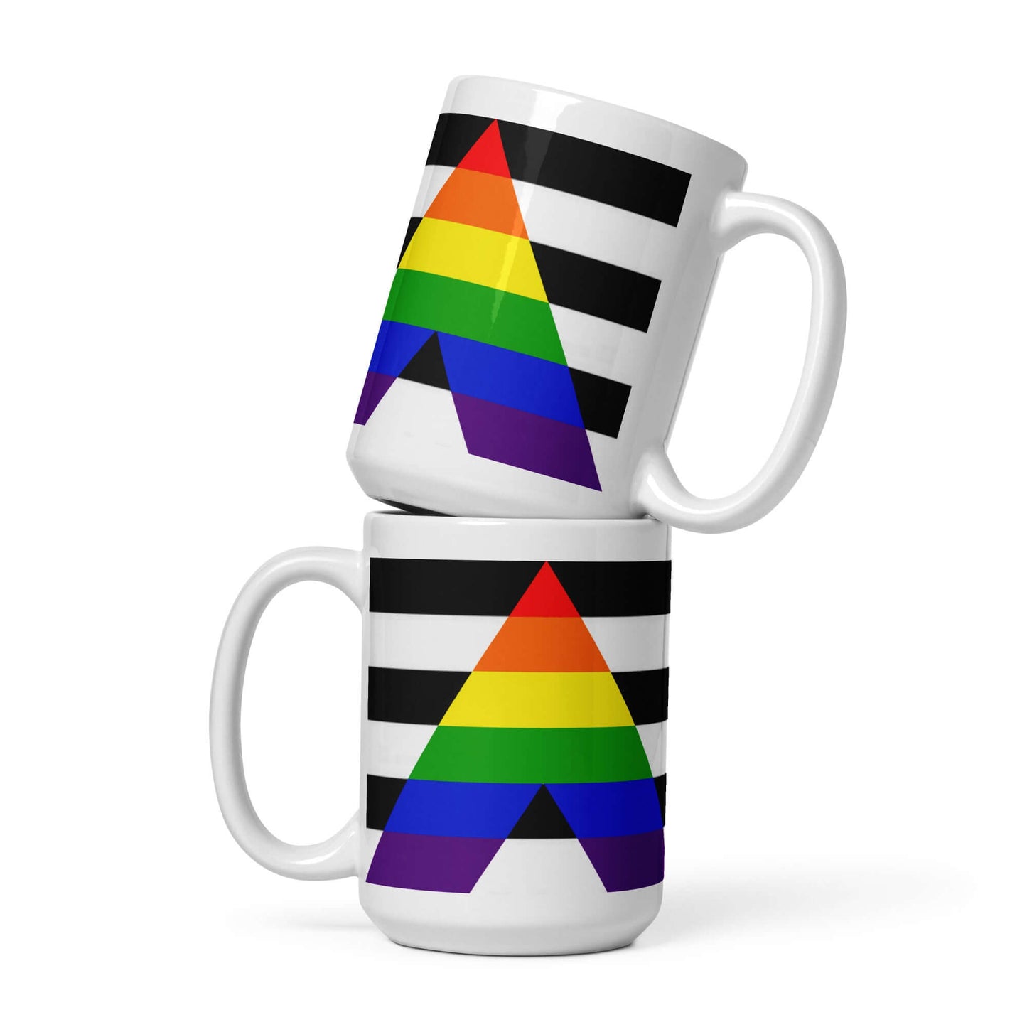 Straight Ally Pride Mug featuring a colorful rainbow triangle design and bold black stripes, stacked two mugs.