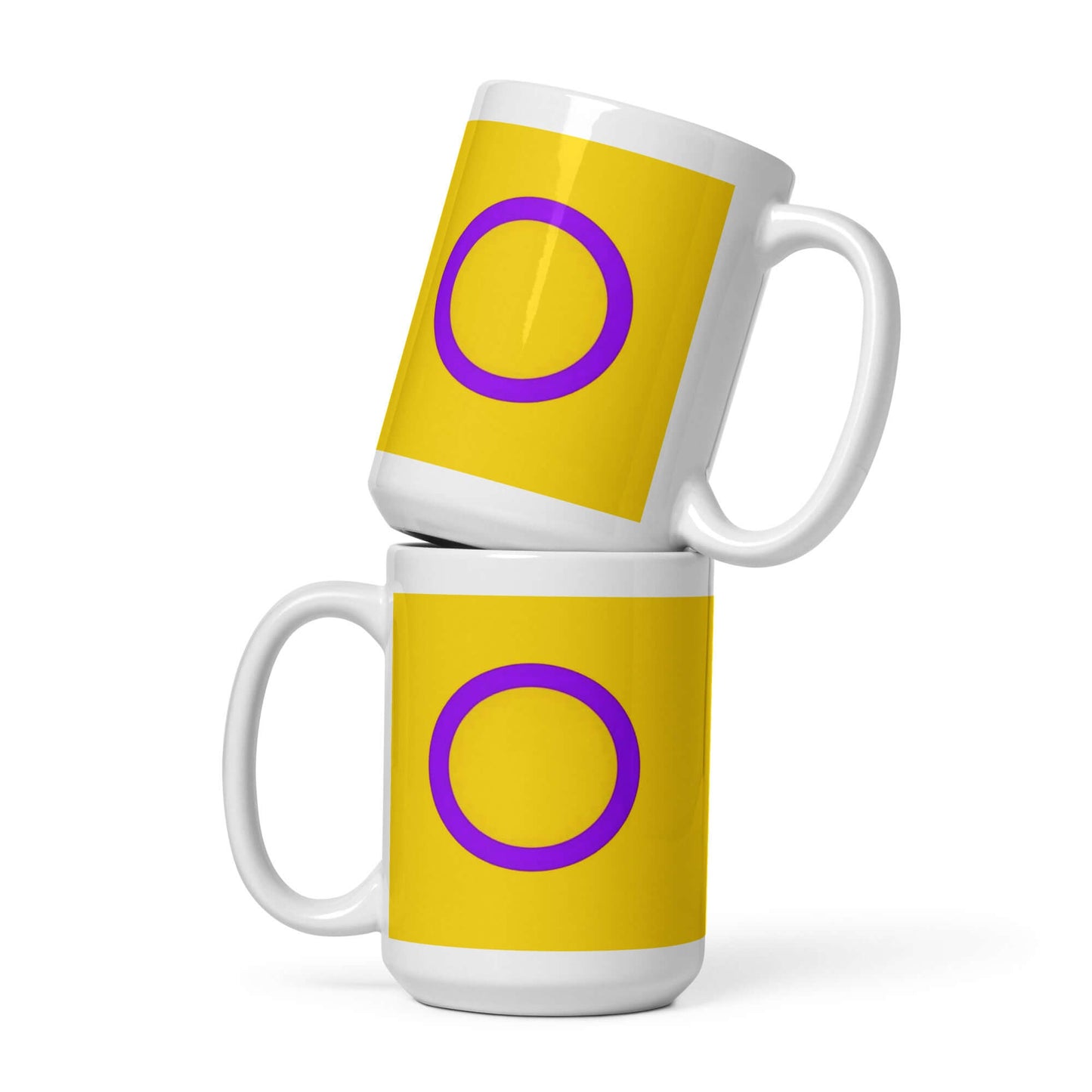 Intersex Pride Mug displayed in a stack, featuring vibrant yellow and purple design, perfect for coffee or tea.