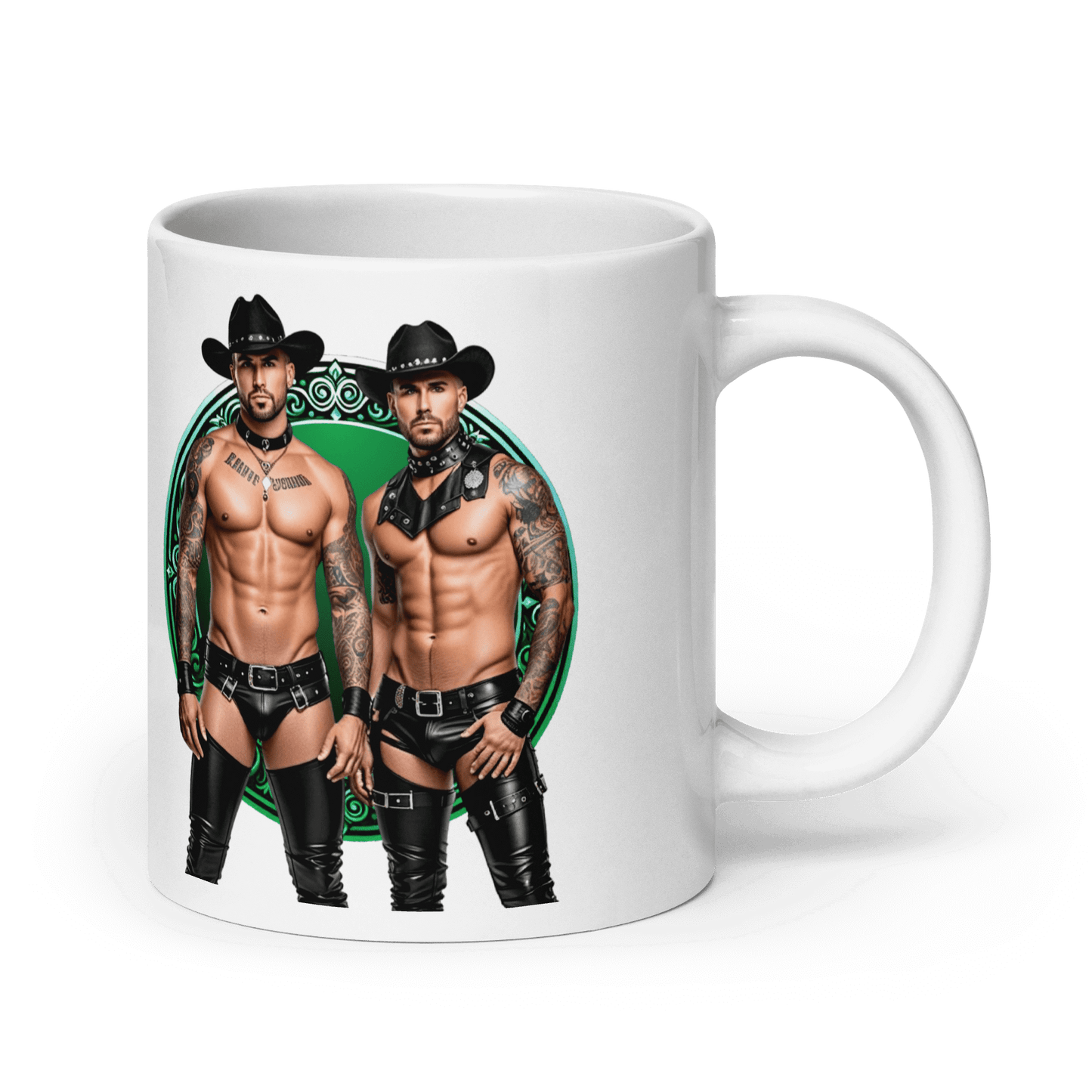 Haus Of Zodiac Mug | Leathermen Fin & Cade (Gemini) featuring two muscular cowboys.