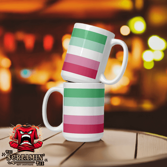 Abrosexual Pride Mug displayed with bold colors, showcasing its sturdy design and glossy finish.