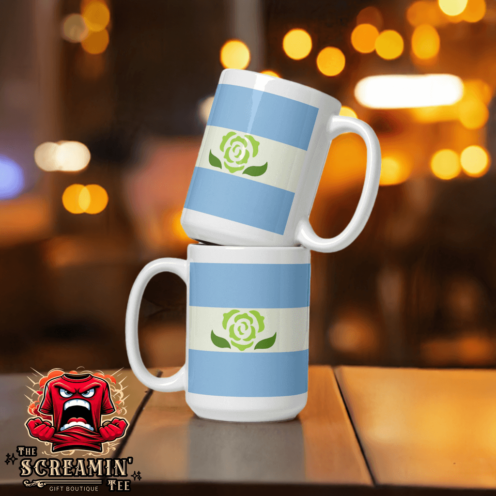 Achillean Pride Mug featuring blue stripes and floral design, perfect for coffee or tea enjoyment.