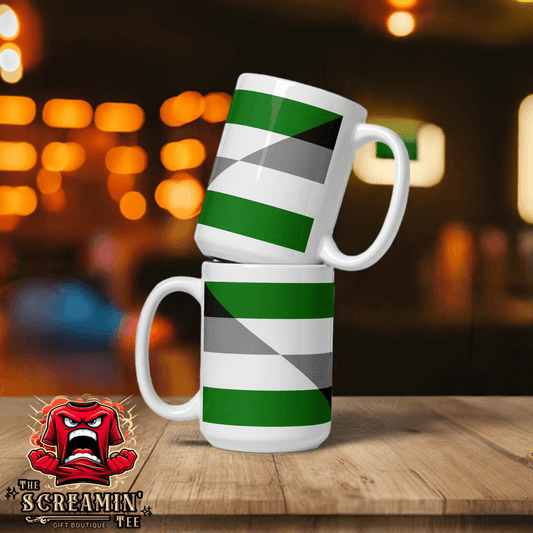Aegoromantic Pride Mug design featuring green and grey stripes in a cozy setting.