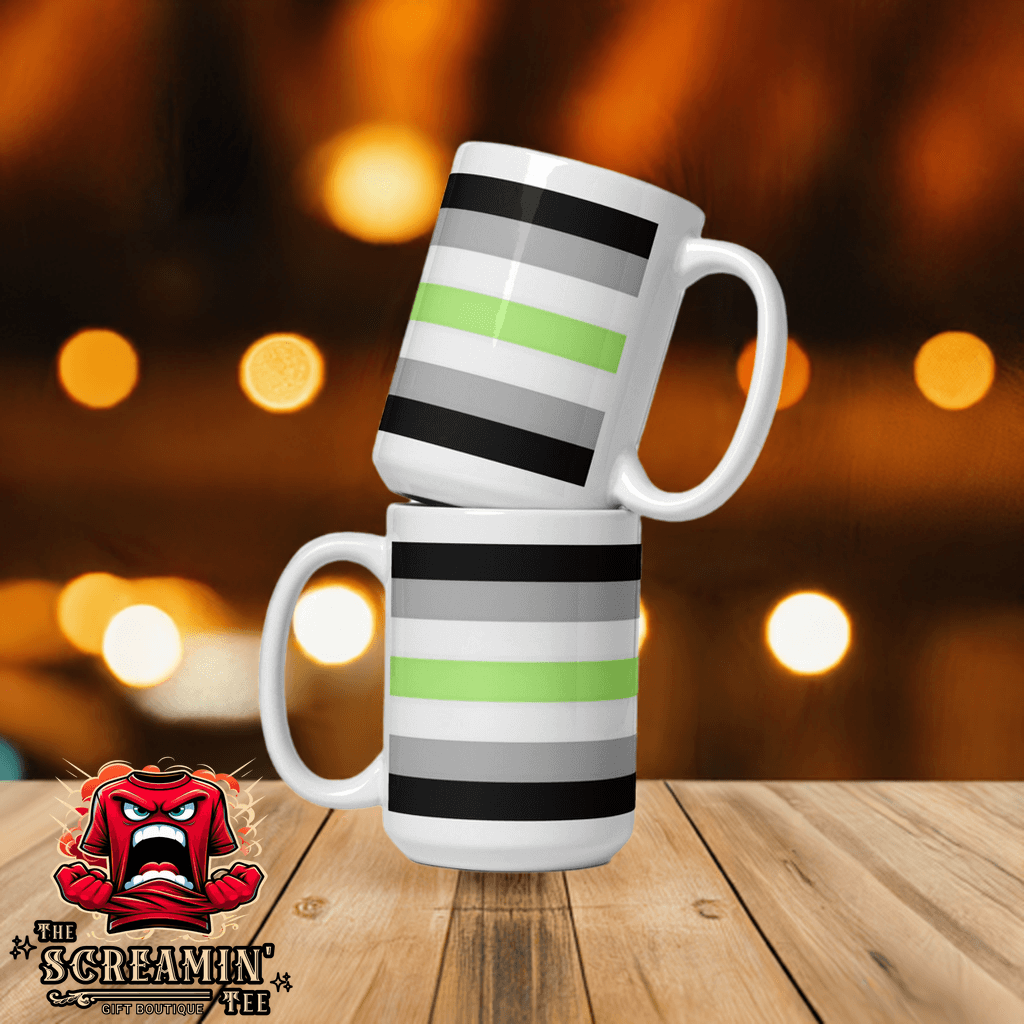 Agender Pride Mug featuring a stylish design with black and green stripes, perfect for morning coffee or evening tea.