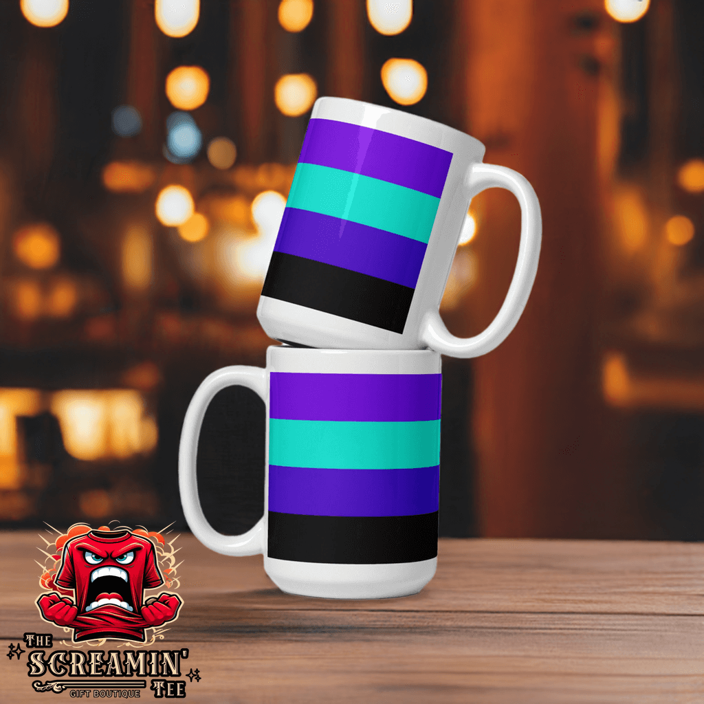 Stacked Alexigender Pride Mugs with vibrant stripes on a wooden table in a cozy setting.