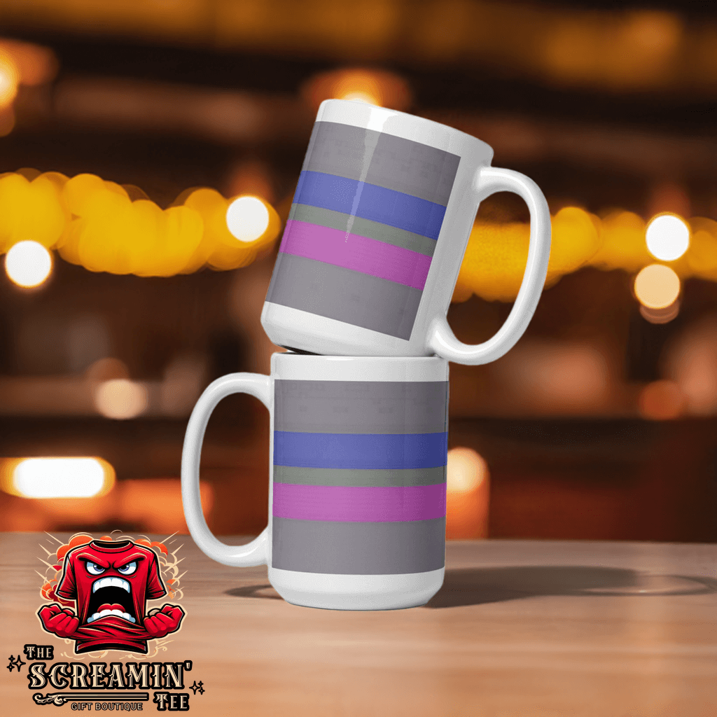 Androgynous Pride Mug displayed in a stacked arrangement, showcasing vibrant stripes on glossy ceramic surface.