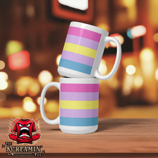 Aporagender Pride Mug stacked, featuring pastel stripes of pink, yellow, and blue, perfect for coffee or tea.