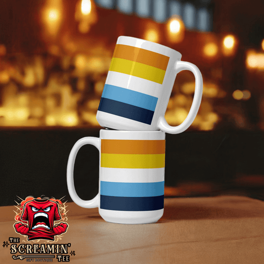 Aroace Pride Mug stacked on a table, showcasing vibrant stripes, perfect for coffee or tea.