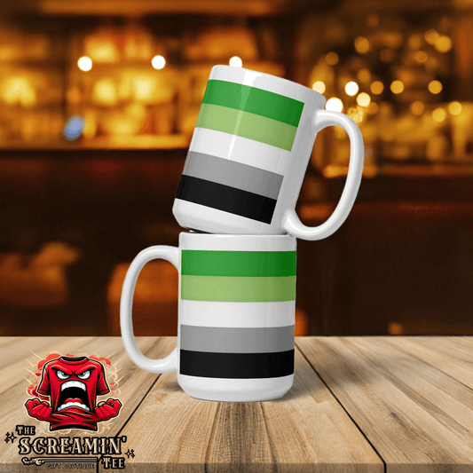 Aromantic Pride Mug stacked on a wooden table with distinctive green, gray, and black stripes, perfect for daily use.