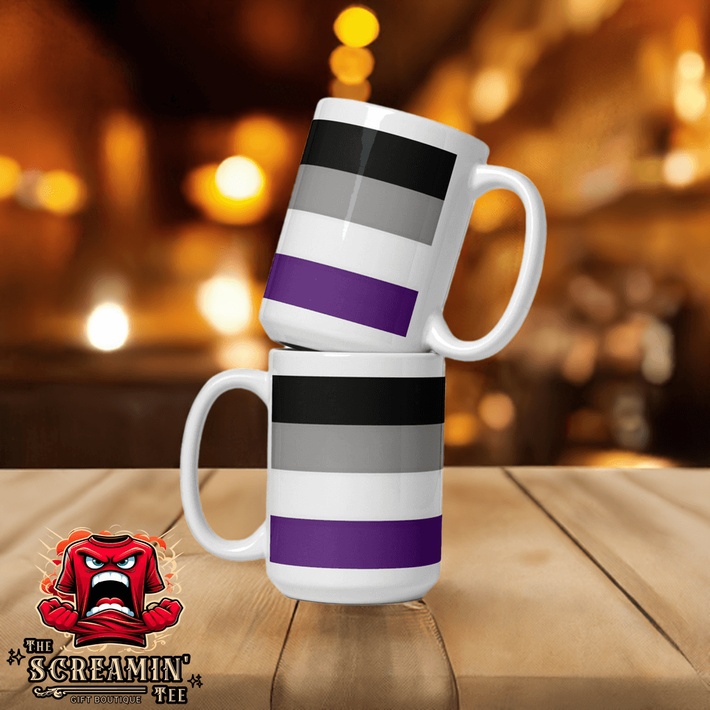 Asexual Demisexual Pride Mug stacked on a wooden table, showcasing its glossy finish and vibrant colors.