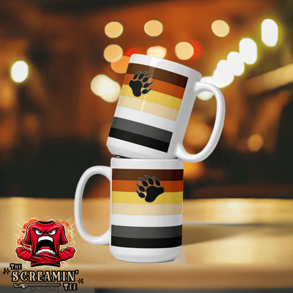 Bear Brotherhood Pride Mug featuring a bear paw design with colorful stripes on two stacked mugs.