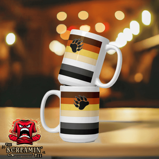 Bear Brotherhood Pride Mug featuring a bear paw design with colorful stripes on two stacked mugs.