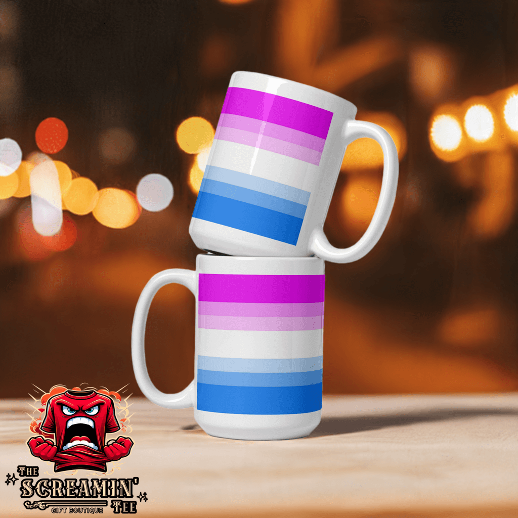 Bi-Curious Pride Mug, featuring colorful stripes, displayed in a cozy setting with soft bokeh background.
