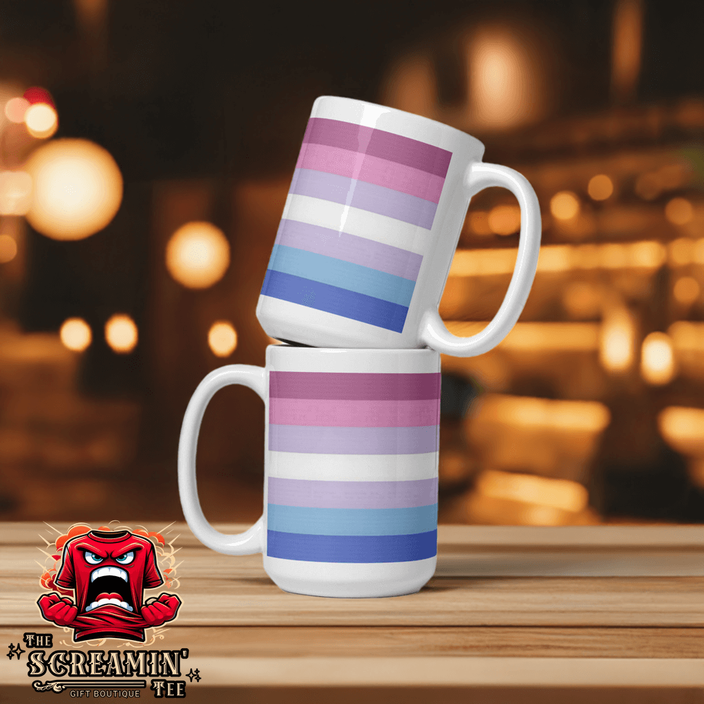 Bigender Pride Mug with vibrant stripes in pink, blue, and purple, perfect for coffee or tea.