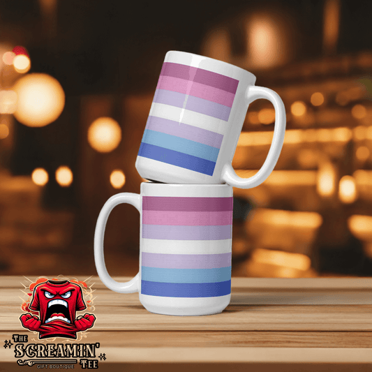 Bigender Pride Mug with vibrant stripes in pink, blue, and purple, perfect for coffee or tea.