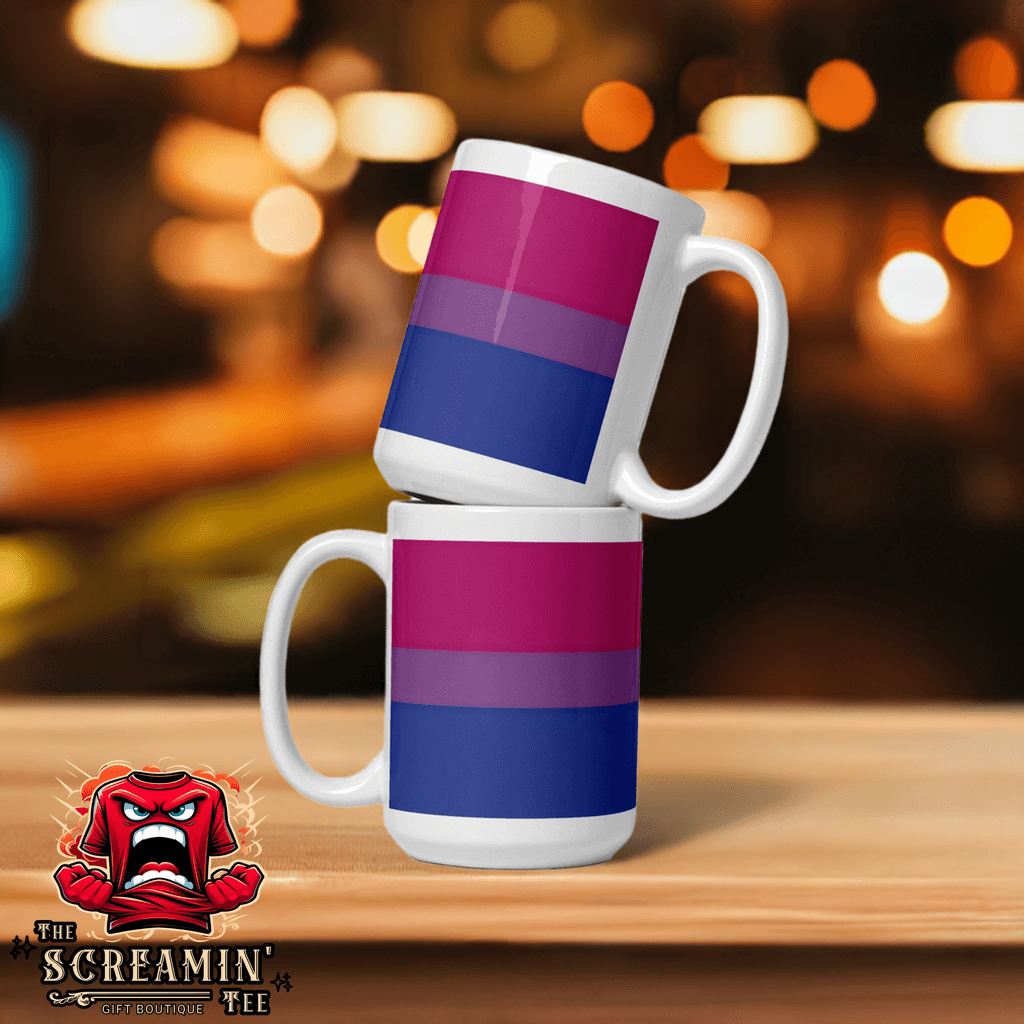 Bisexual Pride Mug displayed with vibrant colors, perfect for coffee or tea lovers.