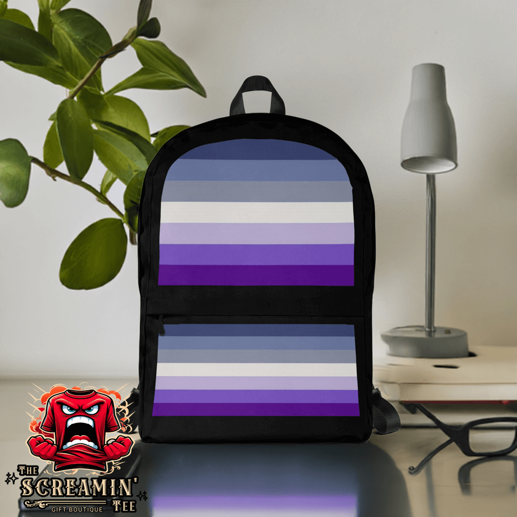 Butch Lesbian Pride Backpack with gradient striped design in purple and gray, perfect for daily use and sports activities.