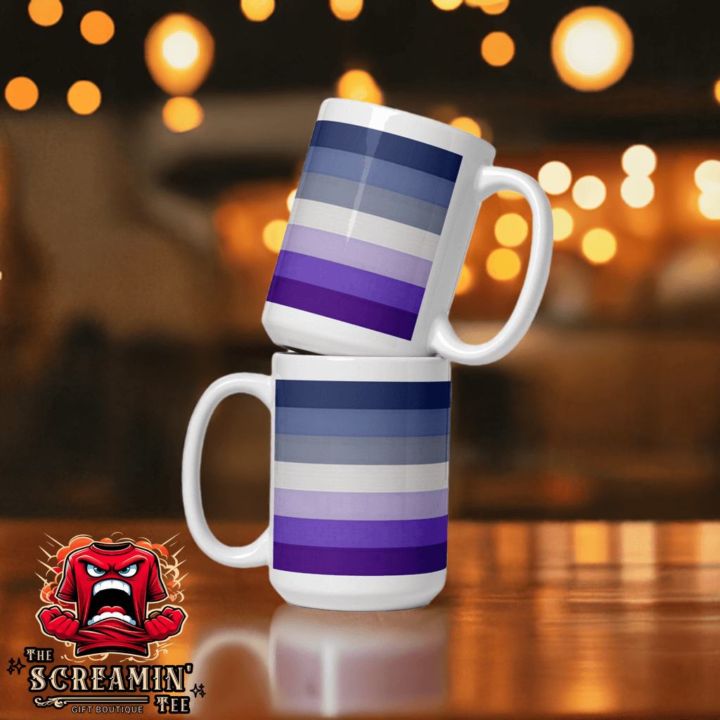Butch Lesbian Pride Mug stacked with purple and blue stripes on a blurred background of warm lights.