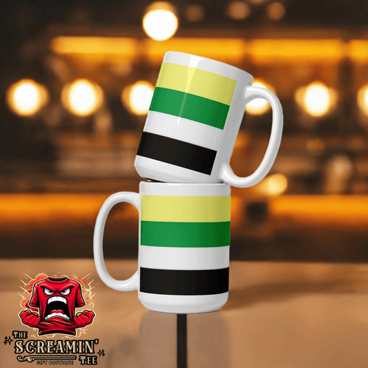 Ceterosexual Pride Mug stacked with vibrant green, yellow, and black stripes, perfect for any beverage.