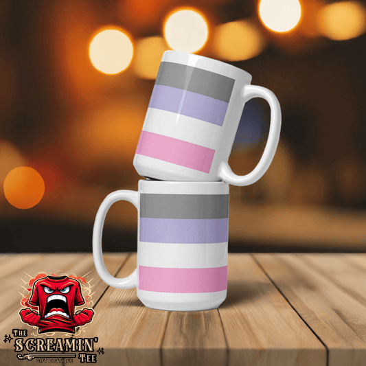 Cupiosexual Pride Mug featuring vibrant stripes in gray, purple, and pink on glossy ceramic surface.