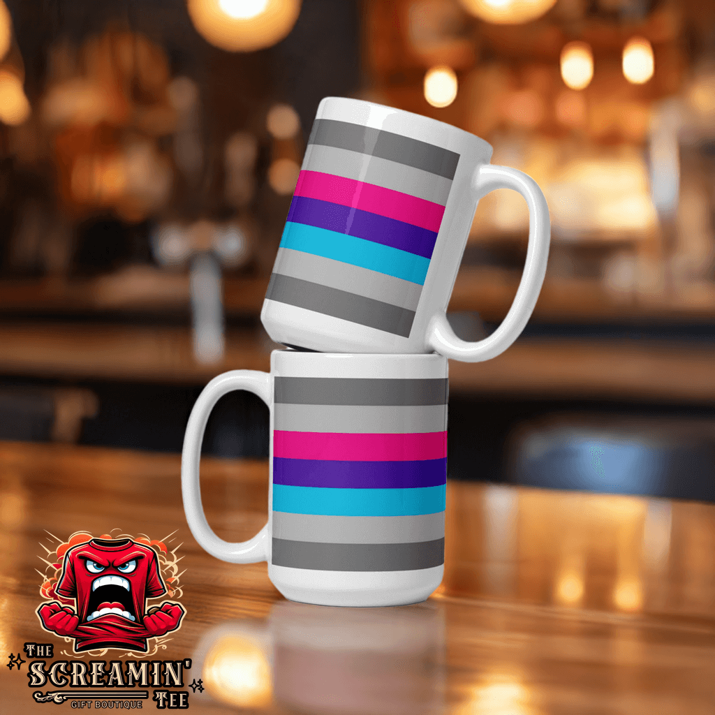 Demiandrogyne Pride Mug featuring vibrant stripes in purple, blue, and gray, perfect for morning coffee or evening tea.