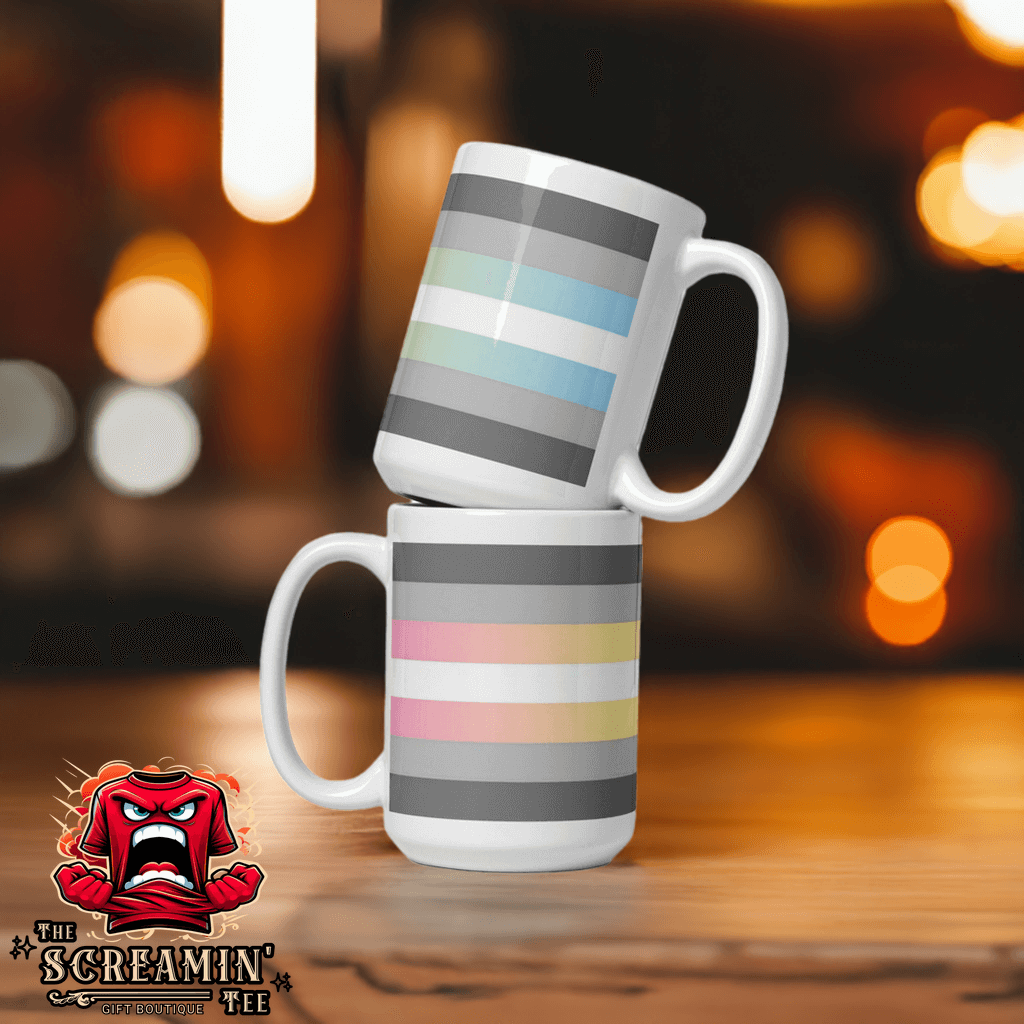 Demifluid Pride Mug with a colorful striped design, perfect for coffee or tea.
