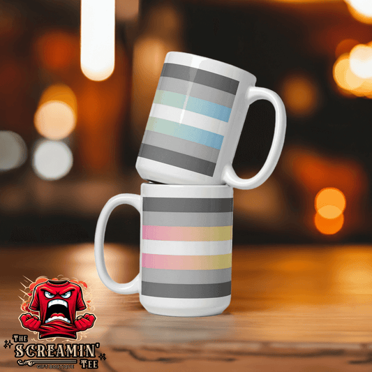 Demifluid Pride Mug with a colorful striped design, perfect for coffee or tea.