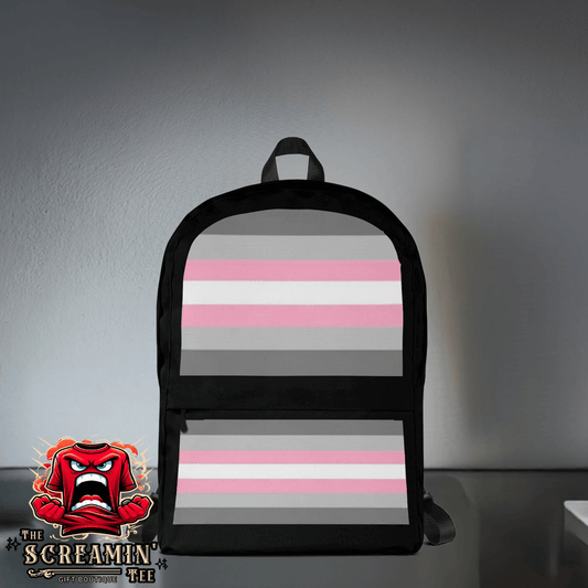Demigender Demigirls Pride Backpack with gray and pink stripes, suitable for daily use and sports activities.